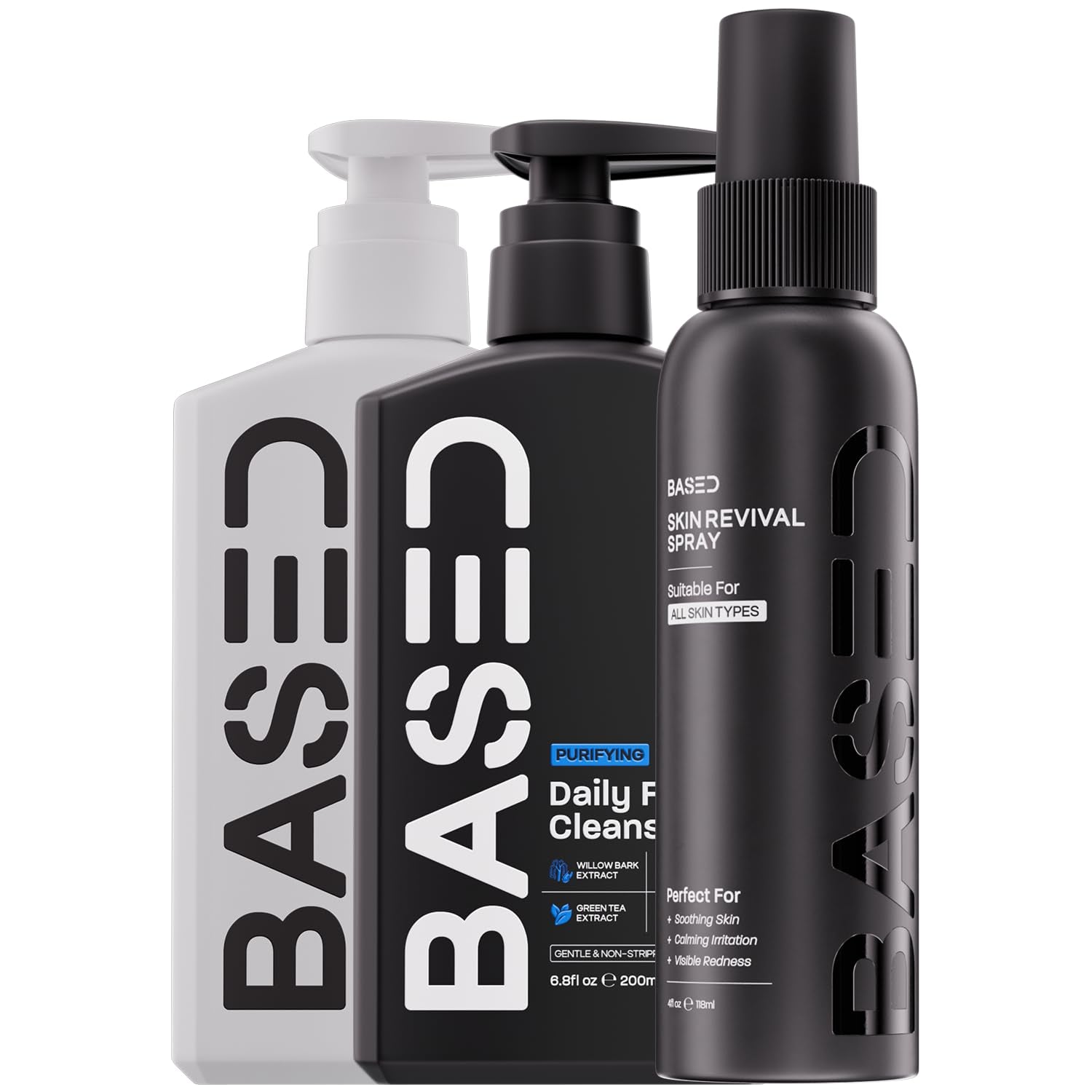 BASED Skincare Trio - Daily Facial Cleanser, Moisturizer & Skin Revival Spray - Complete Men'S Skincare System - Hypochlorous Acid, Bamboo Charcoal & Ceramides - All Skin Types