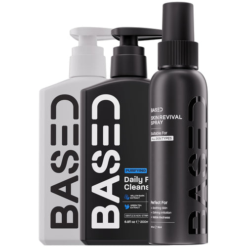BASED Skincare Trio - Daily Facial Cleanser, Moisturizer & Skin Revival Spray - Complete Men'S Skincare System - Hypochlorous Acid, Bamboo Charcoal & Ceramides - All Skin Types